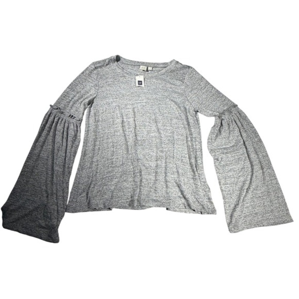 Gap Womens Grey Heathered Knit Bell Sleeve Ruffle Top Crew Neck NWT Size S